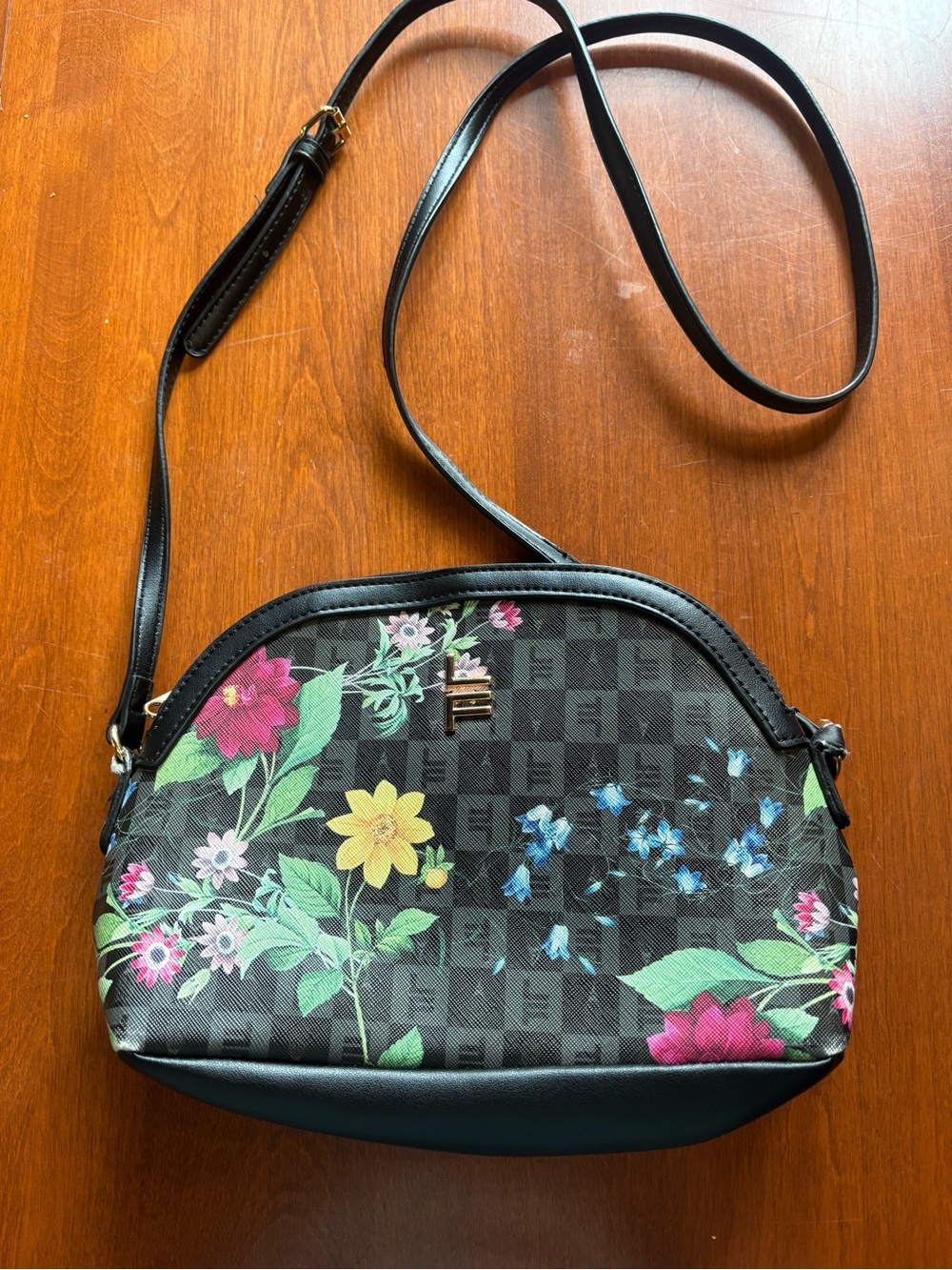 London Fog Black Floral Crossbody Bag with Multicolor Blooms